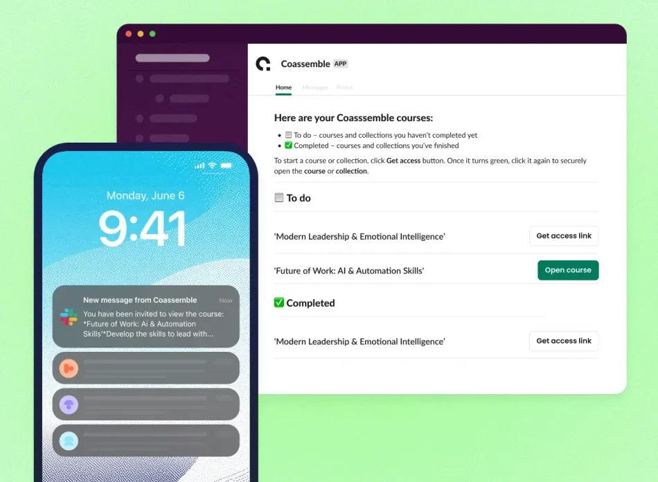 Coassemble courses delivered inside Slack on mobile and desktop